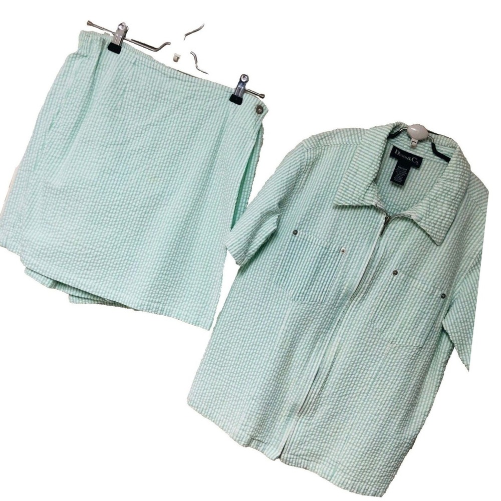 Denim‎ & Co Seersucker Skort Shirt Set Golf Pickleball Weekends 2 PC Womens M
